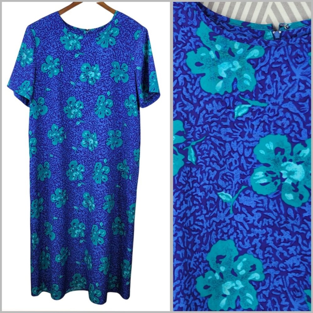 Vintage Dress Plus 22 22W Midi Floral Long Teal Blue Tropical Hawaiian Hibiscus